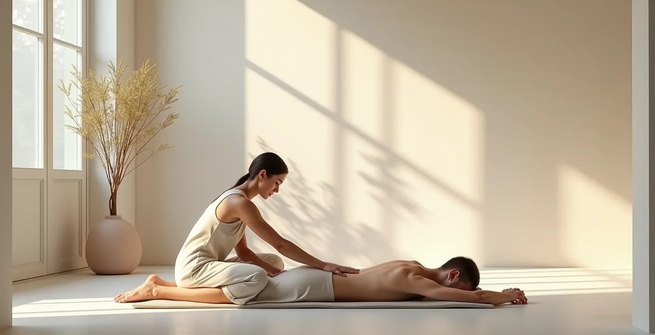 Verschiedene kreative Massagetechniken werden an einem Partner demonstriert