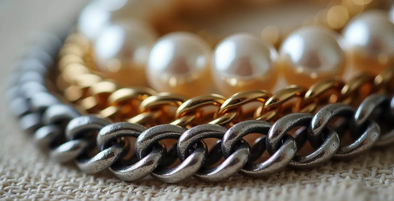 Makroaufnahme von drei unterschiedlichen Kettentypen in verschiedenen Längen und Texturen