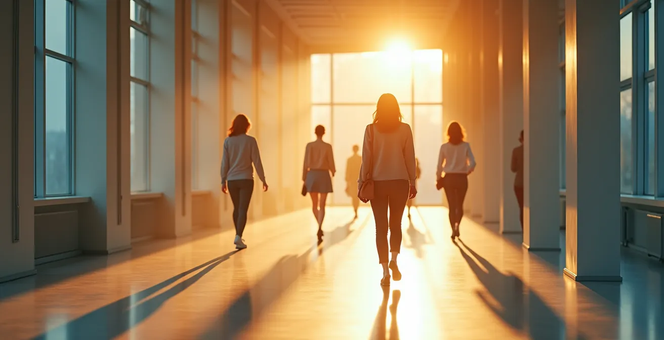 Eine Frau durchschreitet verschiedene Lebensphasen, die wie Jahreszeiten in einem langen, lichtdurchfluteten Flur dargestellt werden.