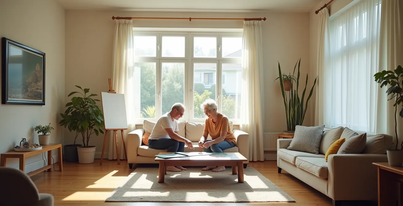 Paar mittleren Alters entdeckt gemeinsam neue Aktivitäten in einem hellen Wohnzimmer