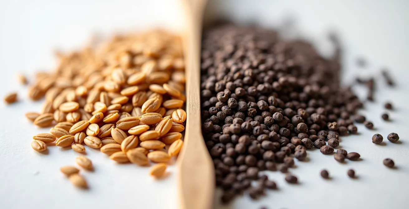 Makroaufnahme von goldenen Leinsamen und schwarzen Chiasamen nebeneinander