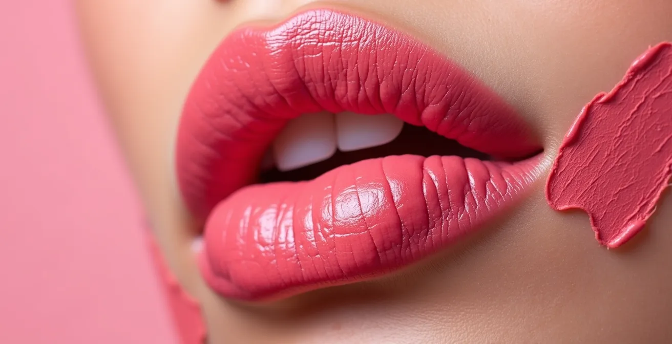 Extreme Nahaufnahme von Lippen mit verschiedenen Pink-Lippenstift-Proben auf der umgebenden Haut, um die Wirkung auf unterschiedliche Hautuntertöne zu zeigen.