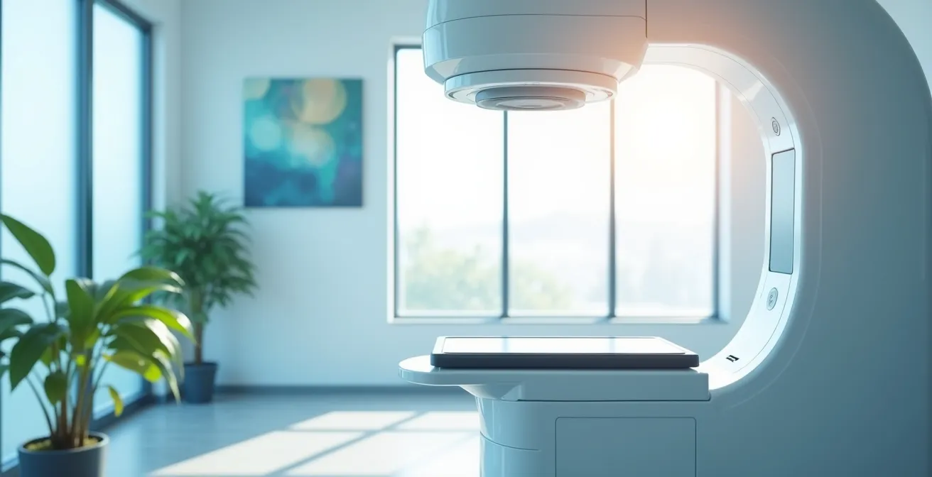 Technische Darstellung des Mammographie-Ablaufs mit Fokus auf die Kompression