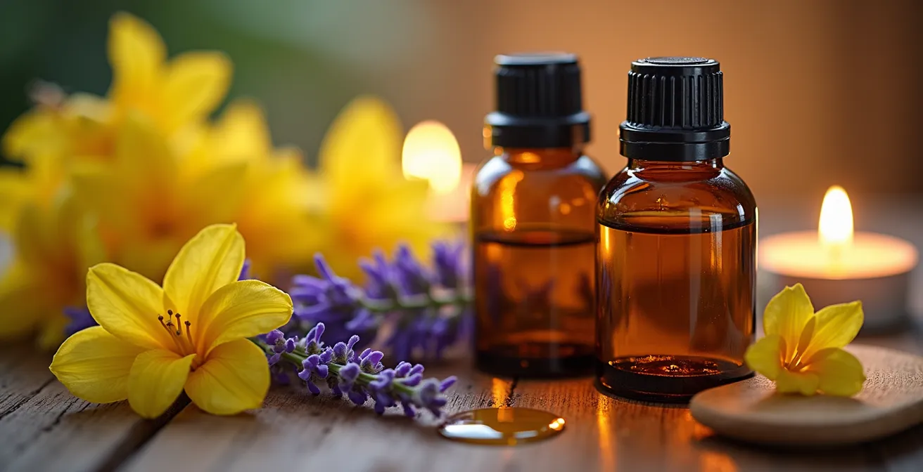 Verschiedene ätherische Öle und Massageöle in einer stimmungsvollen Umgebung