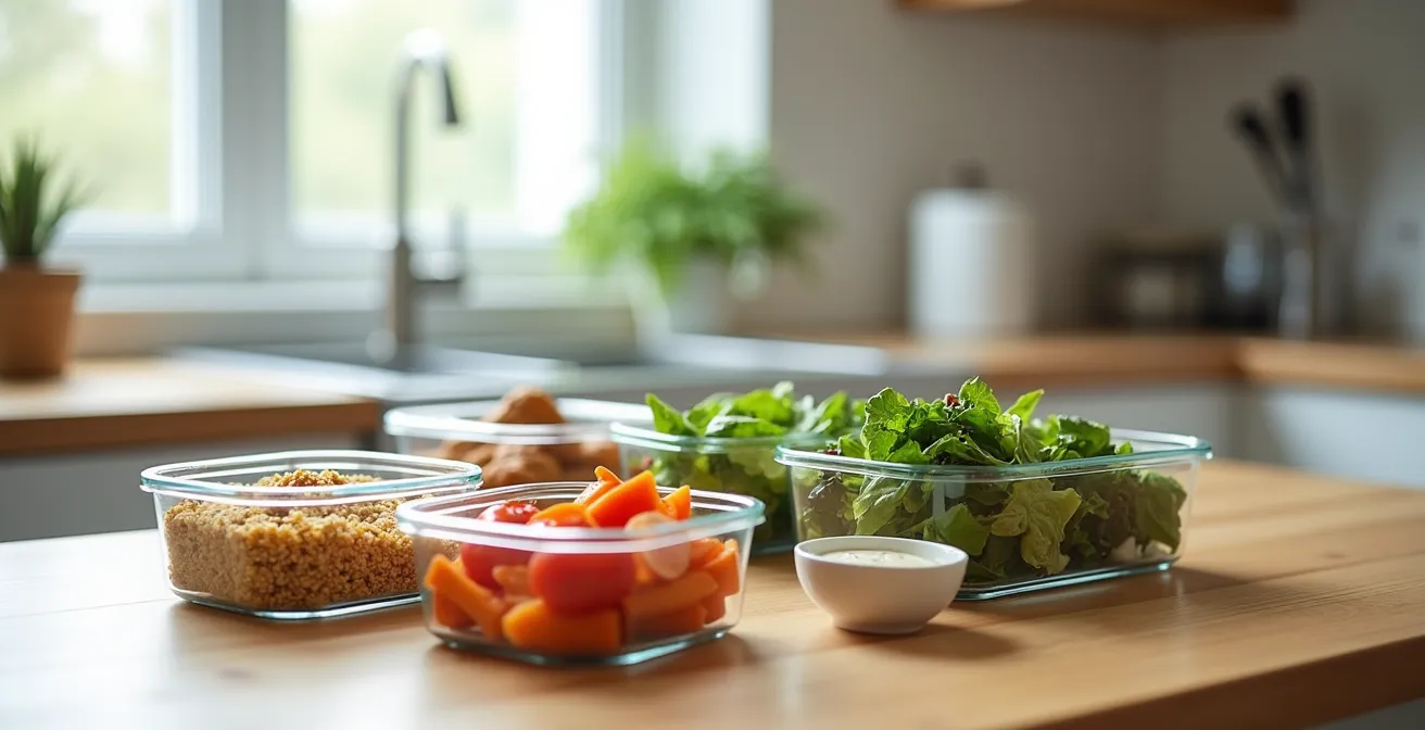 Glassbehälter mit separat aufbewahrten Meal-Prep-Komponenten auf Holztisch