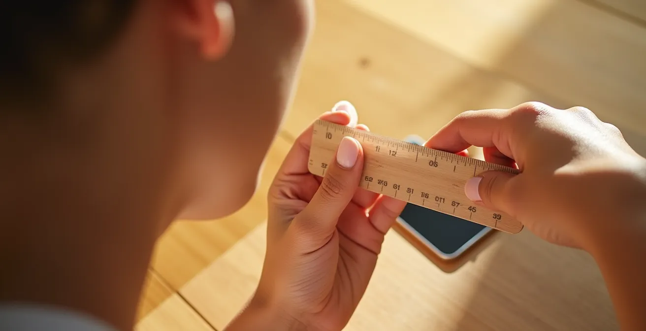 Hand hält Lineal neben Muttermal zur Größenmessung für Dokumentation