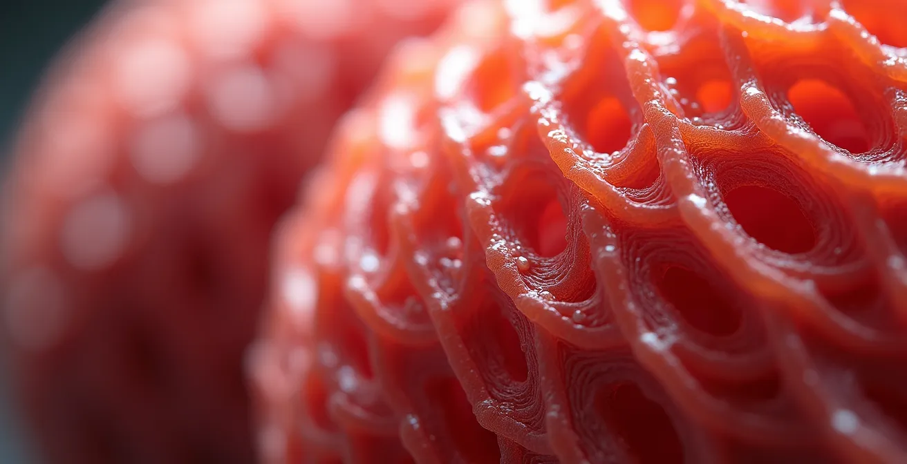 Makroaufnahme von Muskelgewebe, das die feinen Faserstrukturen zeigt und die metabolische Aktivität symbolisiert.