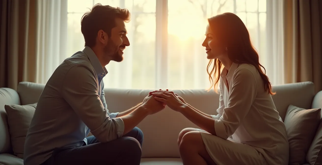 Paar im ruhigen Gespräch auf dem Sofa, einander zugewandt