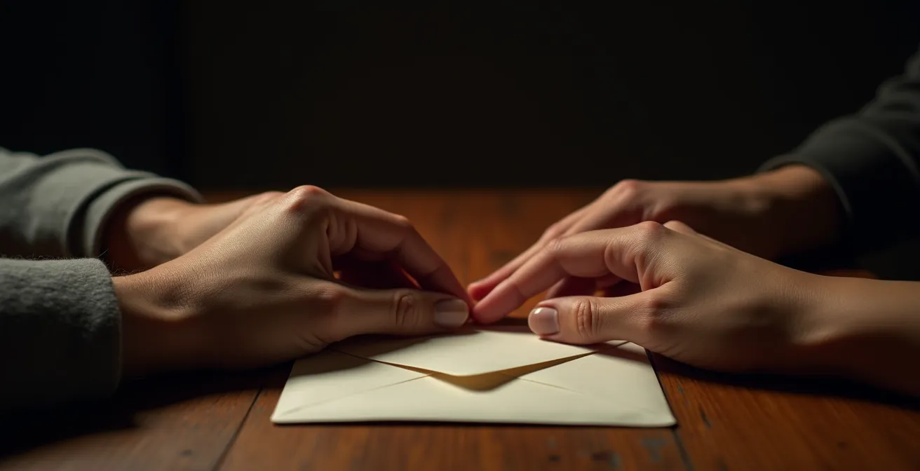 Paar in vertrauensvoller Kommunikation mit sanfter Berührung, ein Umschlag symbolisiert unausgesprochene Wünsche