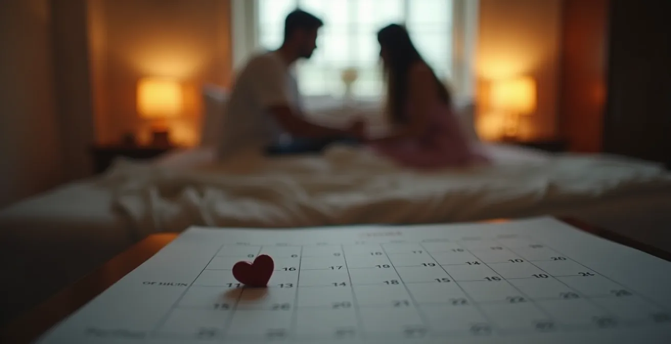 Nahaufnahme eines Kalenders mit einem Herz auf einem Datum, ein Paar sitzt im Hintergrund