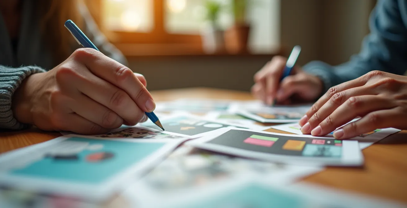 Ein Paar arbeitet gemeinsam an einem Vision Board mit Bildern und Notizen ihrer Träume