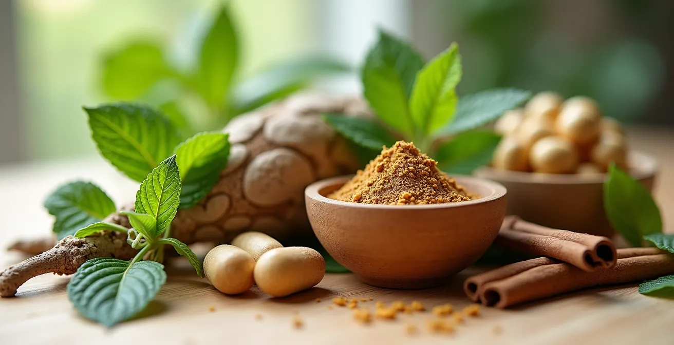 Makroaufnahme von natürlichen Heilkräutern und Adaptogenen, die bei der Hormonbalance helfen können