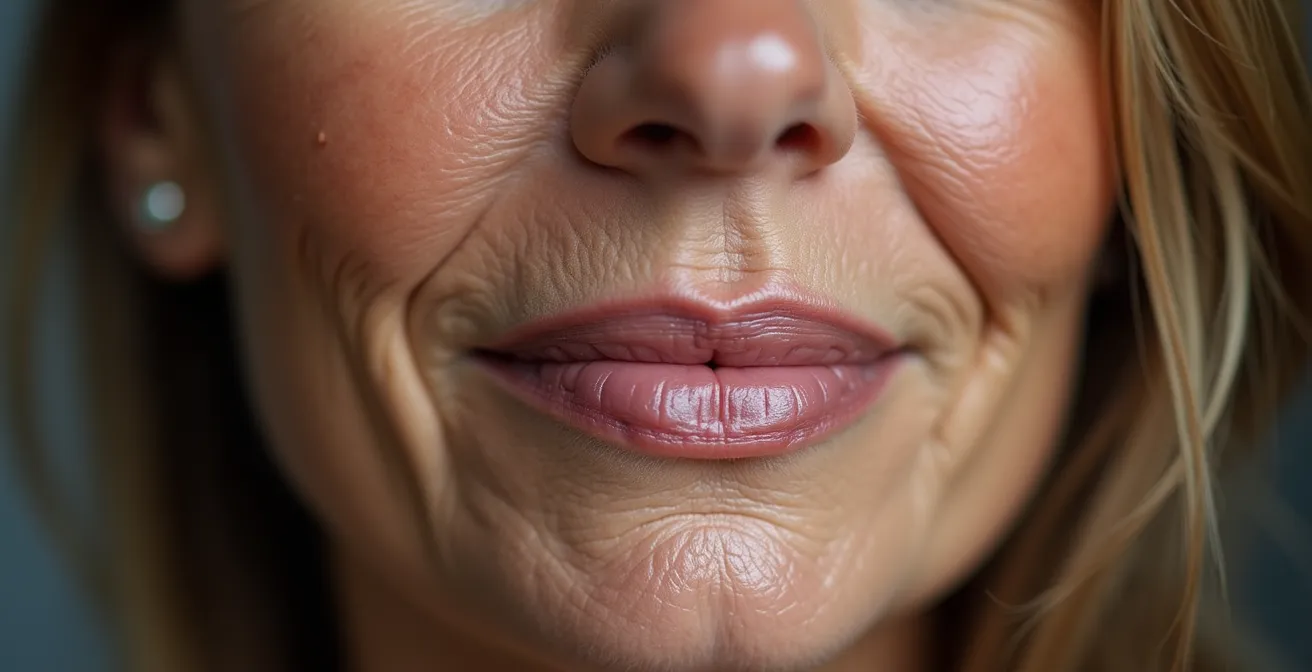 Makroaufnahme eines Hautquerschnitts, der die altersbedingte Veränderung der Kollagenstruktur zeigt.