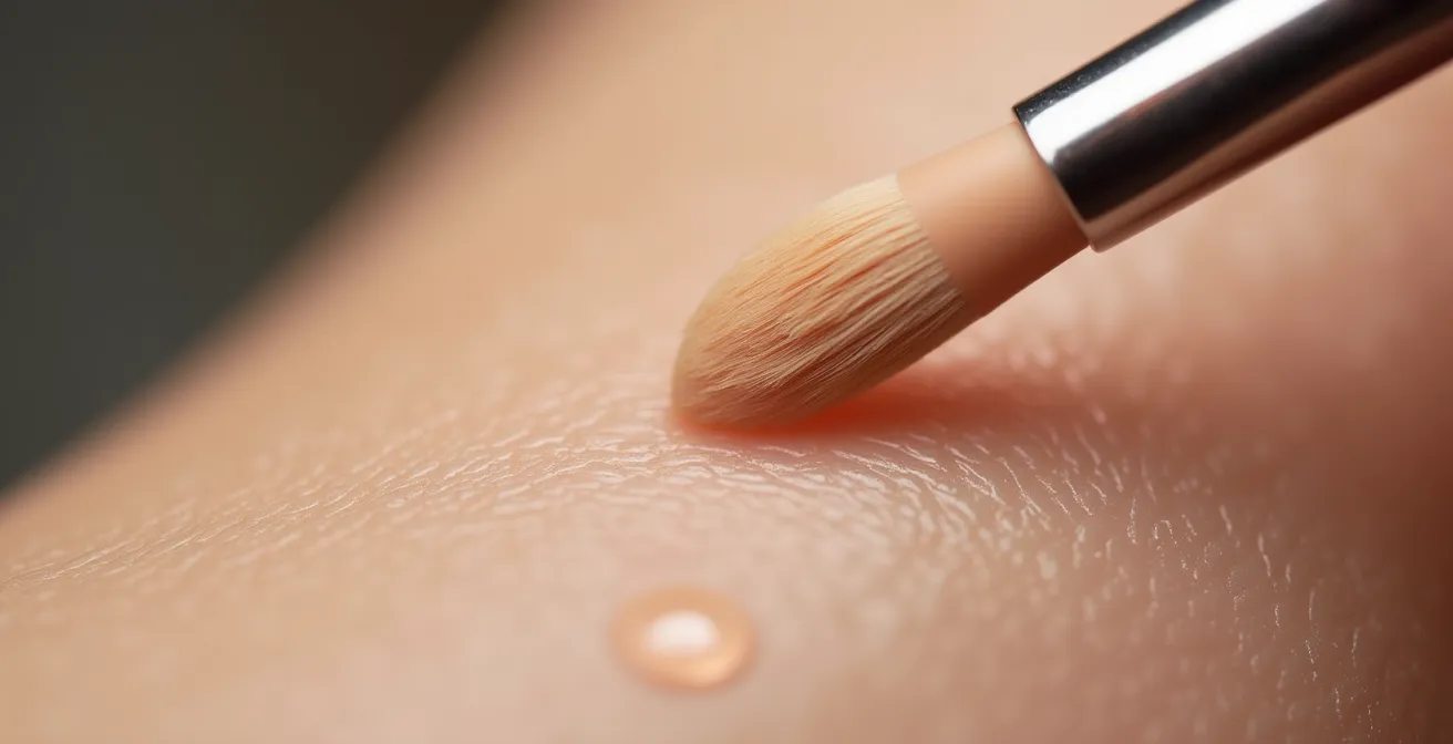 Nahaufnahme eines winzigen Concealerpinsels, der präzise nur die Pickelstelle abdeckt