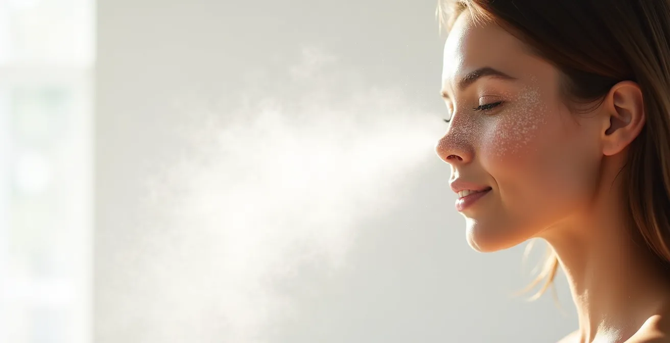 Seitliches Profil einer Frau mit feinem Sprühnebel und Puderwolke im Gegenlicht