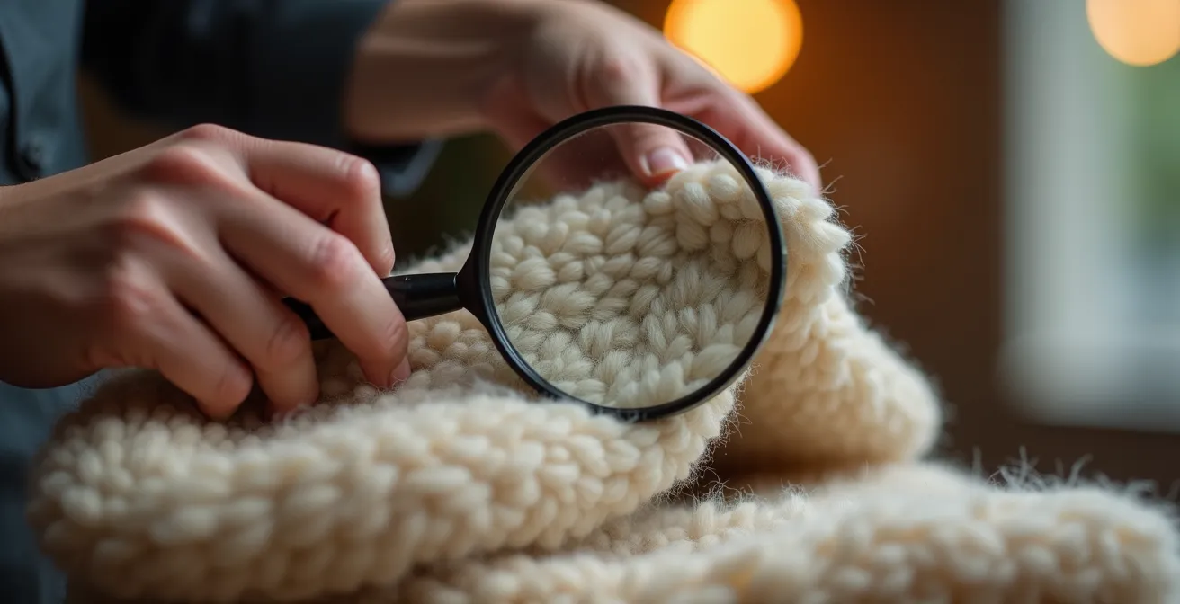 Makroaufnahme von hochwertiger Wollstruktur mit sichtbaren Fasern und Nähten