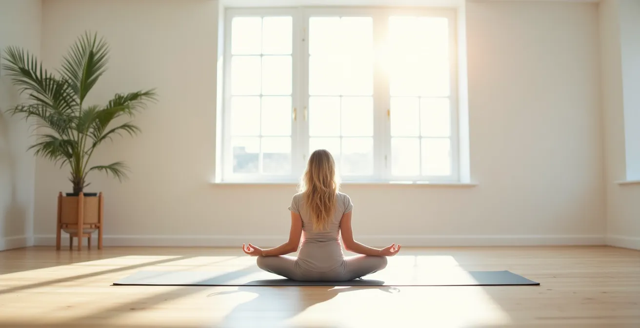 Eine Frau in einer entspannten Yoga-Position, die die Wichtigkeit von Regeneration und Erholung nach dem Training symbolisiert.