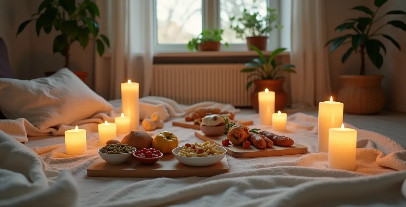Gemütliches Indoor-Picknick mit Decken, Kissen und warmem Kerzenlicht
