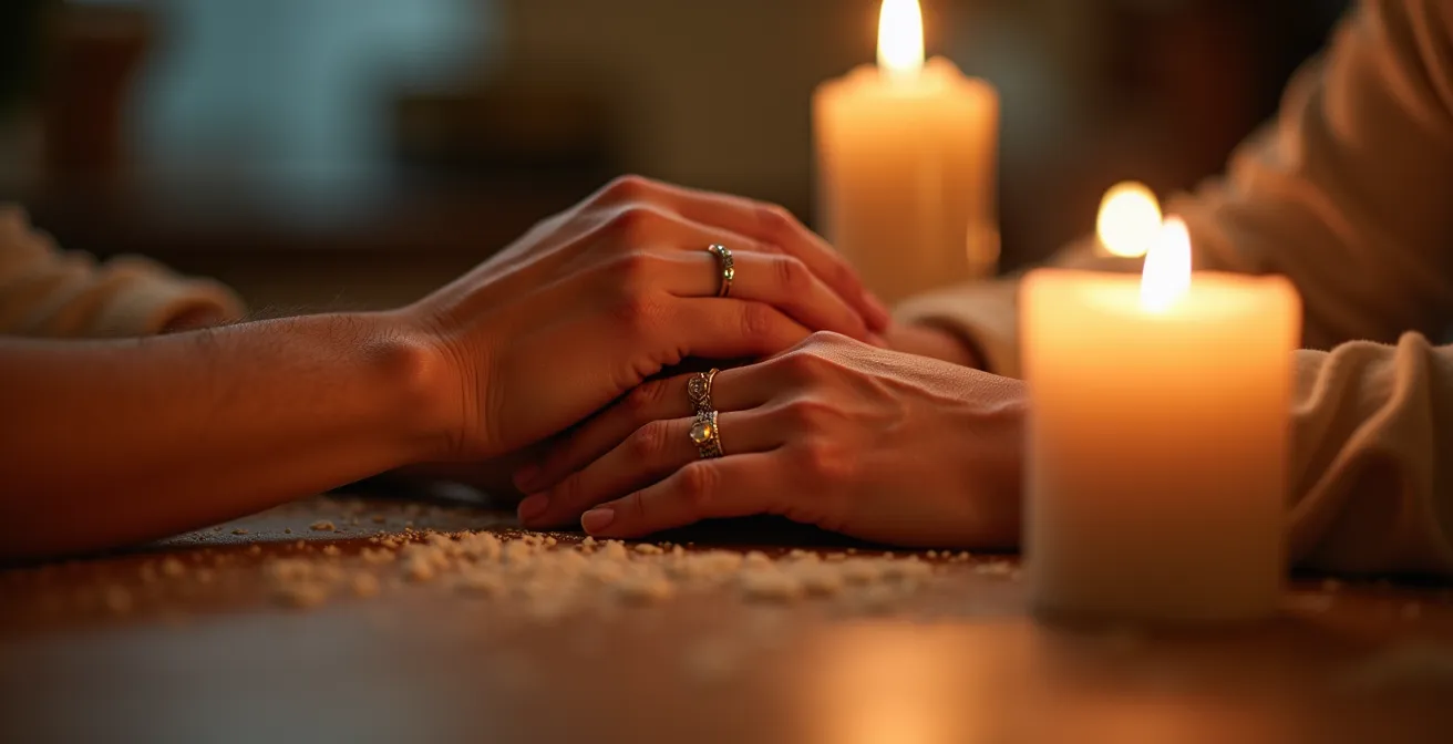 Gemütlich dekoriertes Wohnzimmer mit Kerzenlicht und Paar beim gemeinsamen Kochen