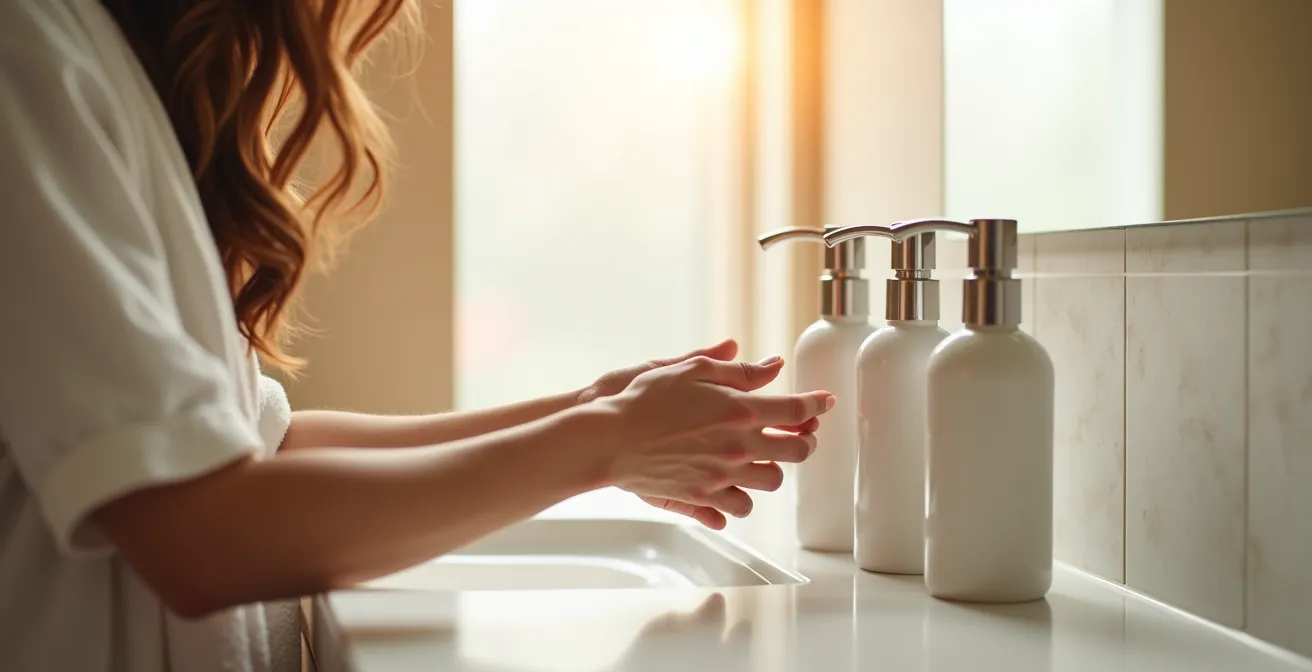 Drei identische Pumpspender für die schnelle morgendliche Hautpflege-Routine