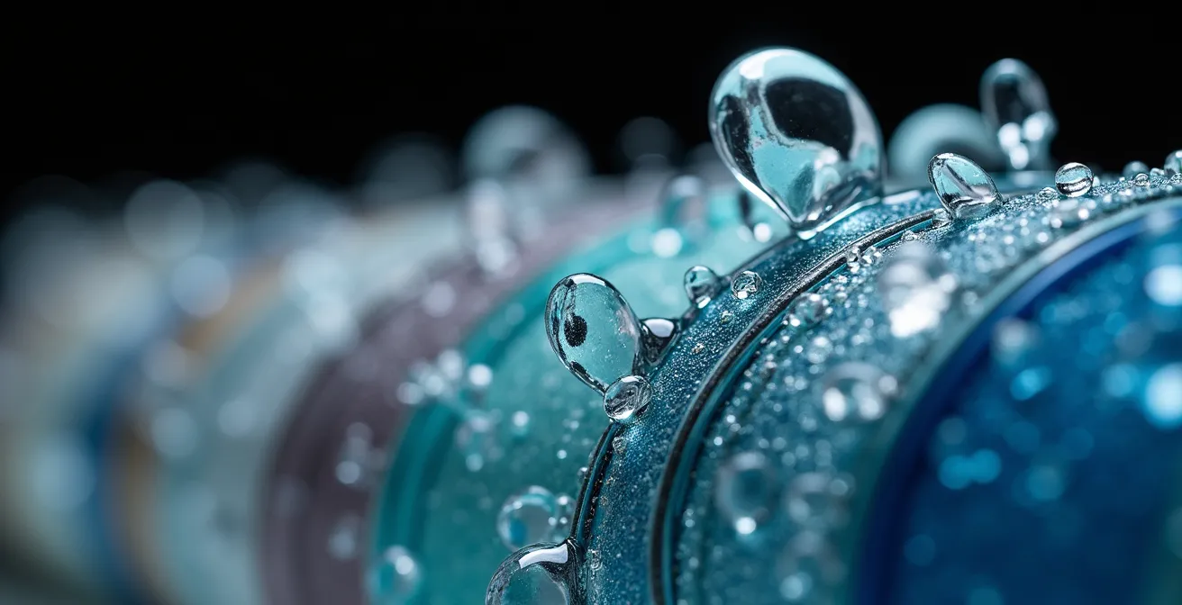 Makroaufnahme, die die Oberflächenstruktur von Glas-, Edelstahl- und Plastikflaschen vergleicht