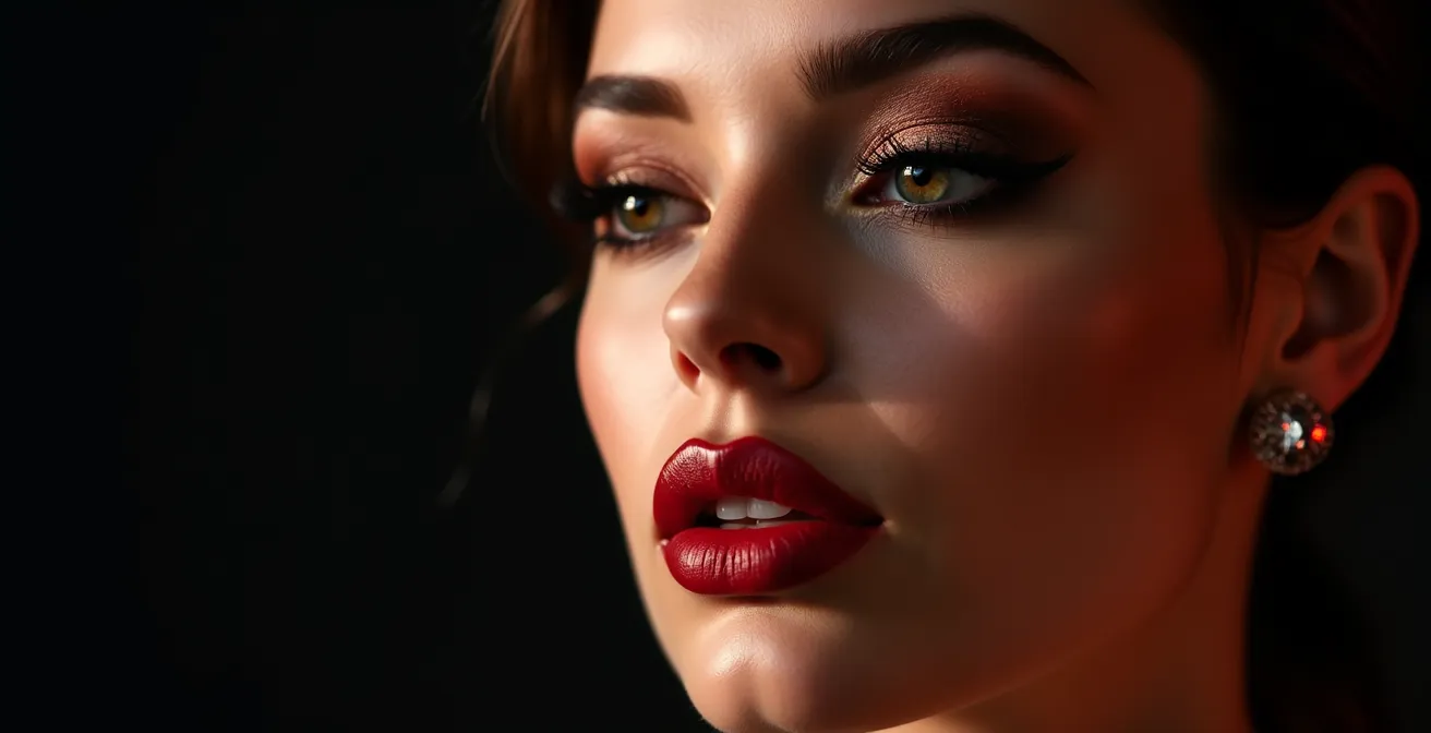 Nahaufnahme eines eleganten Abend-Make-ups mit ausgewogenen Smokey Eyes und roten Lippen