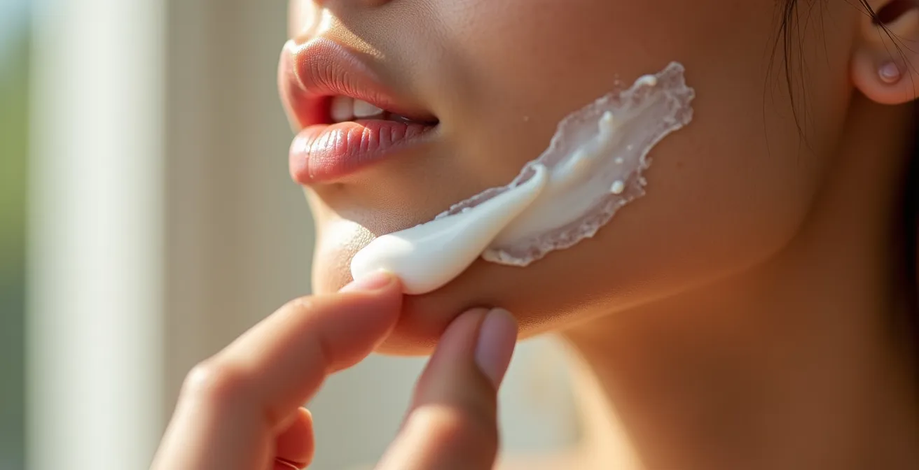 Makroaufnahme einer Hand beim Auftragen von mineralischem Sonnenschutz auf die Kinnpartie