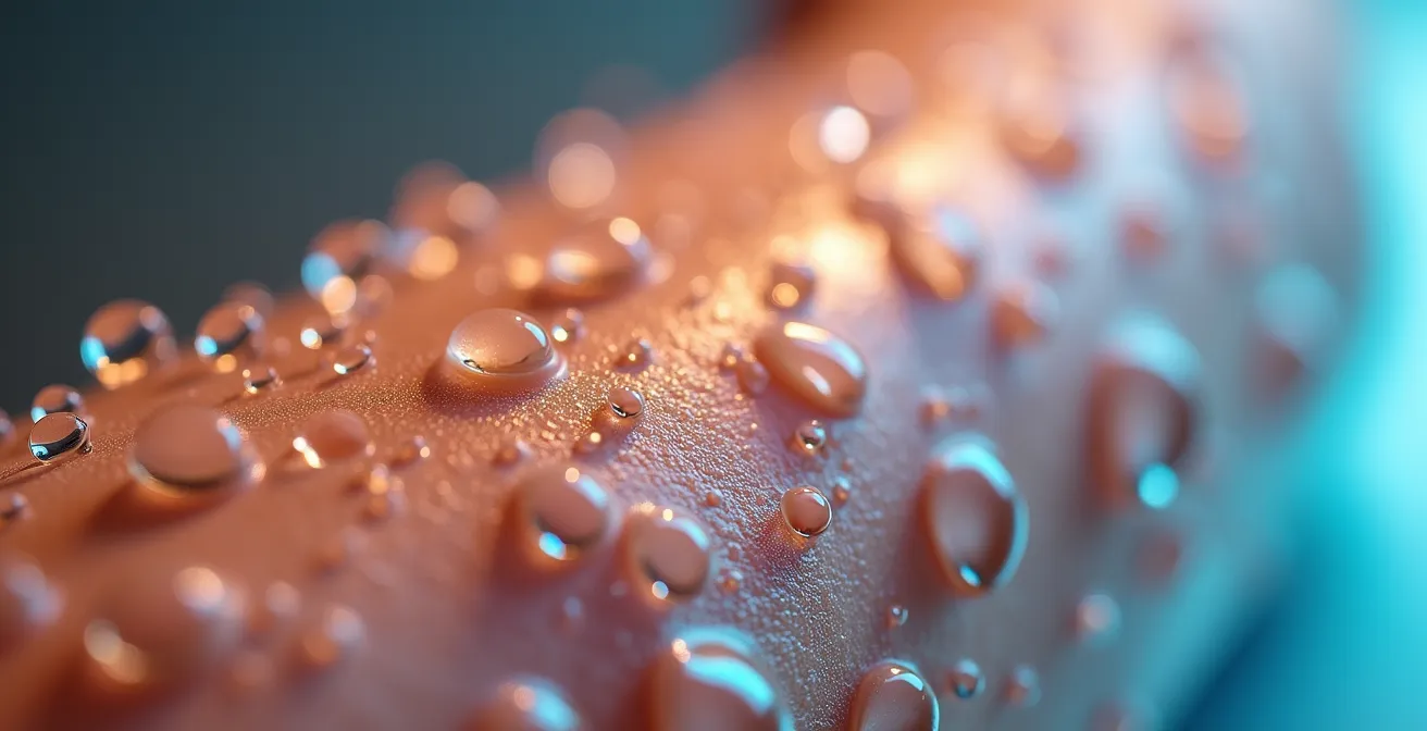 Makroaufnahme von Wassertropfen auf empfindlicher Gesichtshaut mit sichtbarer Textur