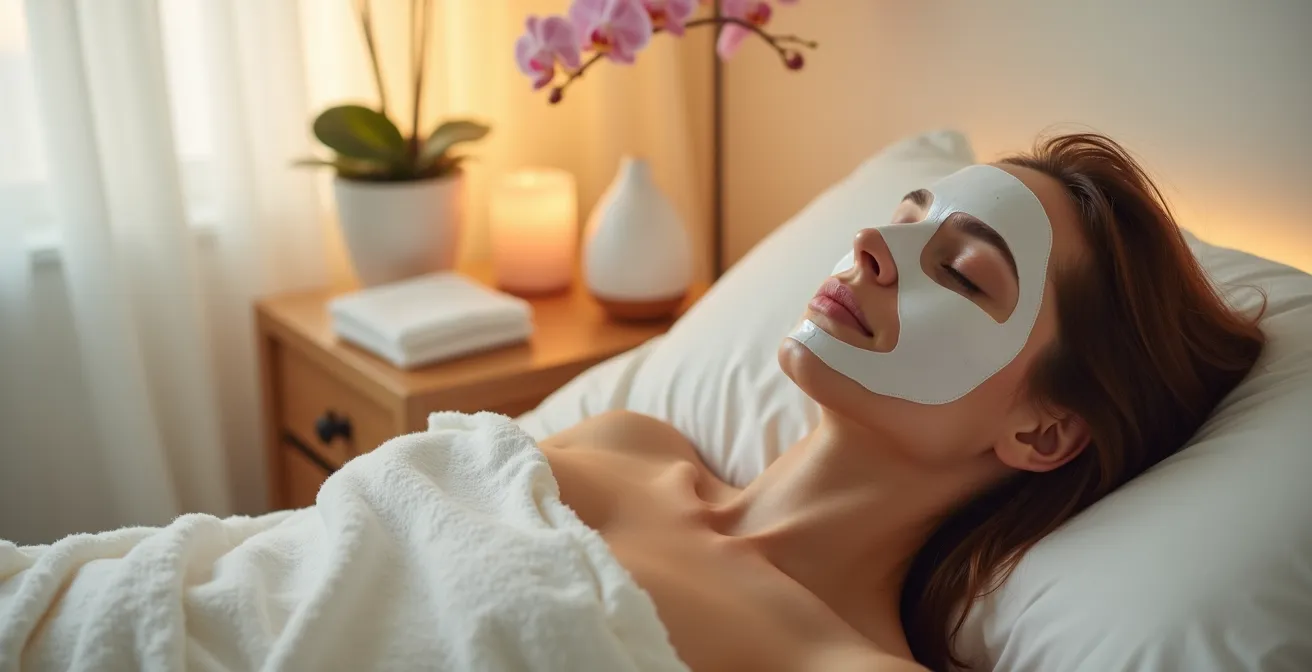 Frau entspannt mit Tuchmaske im minimalistischen Schlafzimmer bei warmem Kerzenlicht