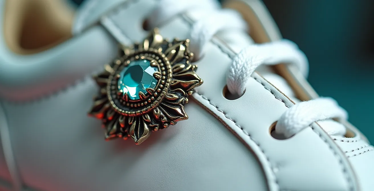 Vintage Brosche unkonventionell auf modernem Sneaker platziert