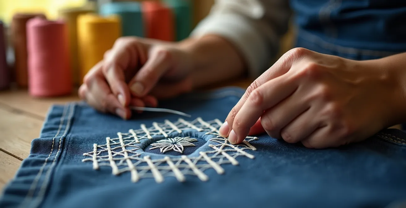 Kunstvolle Sashiko-Stickerei verwandelt ein Loch in ein Design-Statement