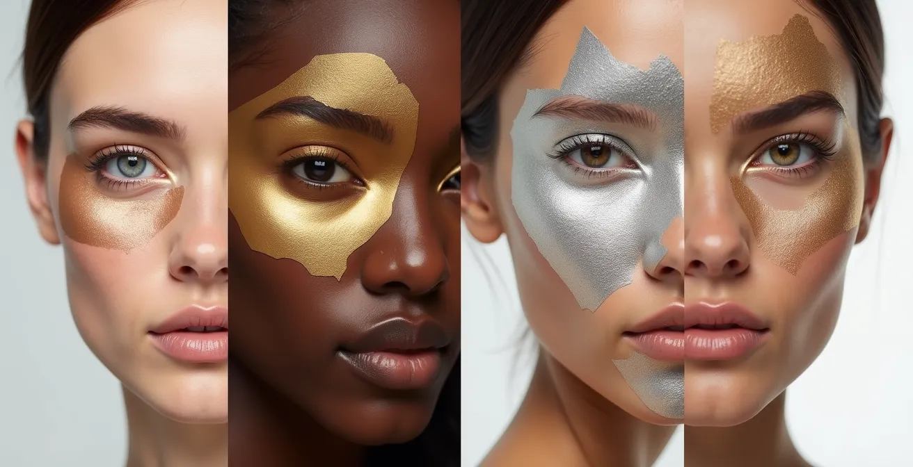 Nahaufnahme verschiedener Edelmetalle auf unterschiedlichen Hauttönen