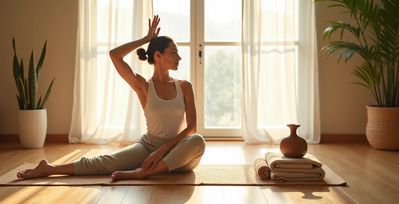 Frau praktiziert sanftes Yoga mit Wärmflasche zur Krampflinderung