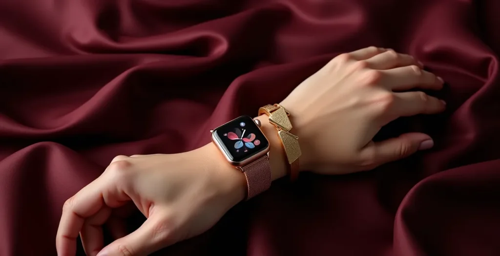 Elegante Frauenhand mit Apple Watch in Roségold und klassischem Goldarmreif vor dunklem Satinstoff Elegante Frauenhand mit Apple Watch in Roségold und klassischem Goldarmreif vor dunklem Satinstoff