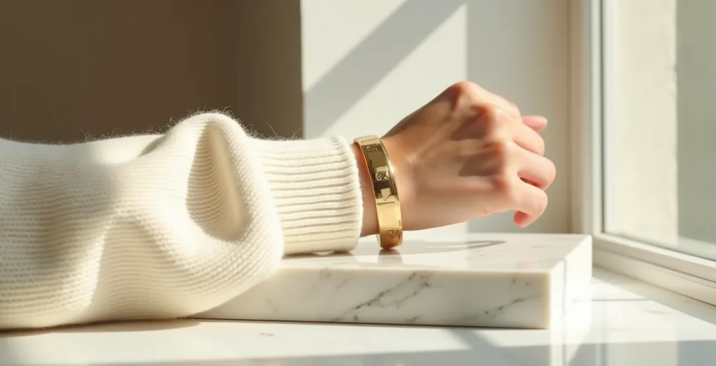 Nahaufnahme eines breiten goldenen Armreifs über einem cremefarbenen Strickpulloverärmel Nahaufnahme eines breiten goldenen Armreifs über einem cremefarbenen Strickpulloverärmel
